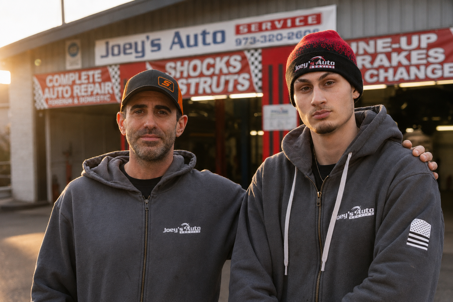Joey and his son at Joey's Auto Service in Nutley, NJ